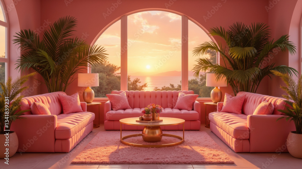 Fototapeta premium cozy pink living room with large windows, plants, and sunset view. warm atmosphere invites relaxation and comfort