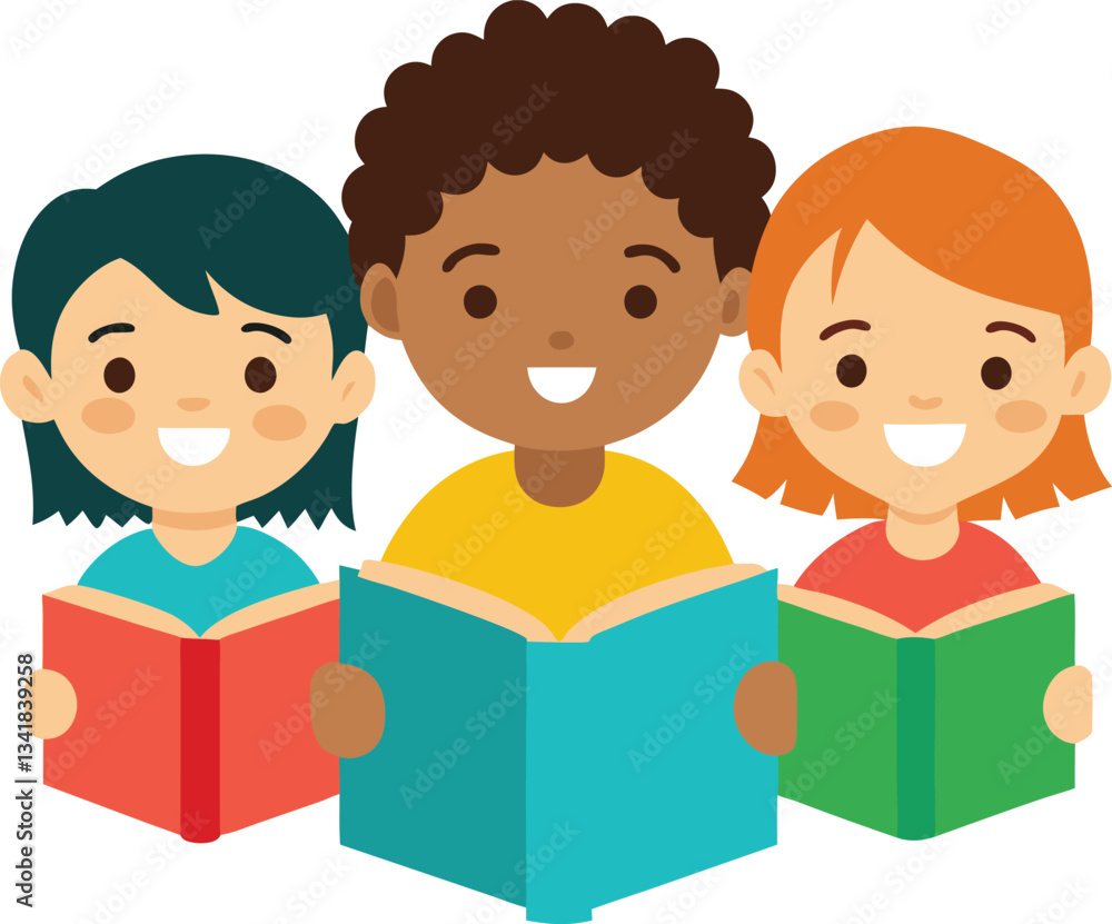 diverse kids reading vector art illustration diverse kids reading vector art illustration