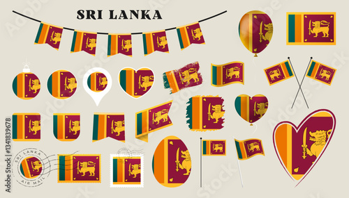 sri lanka flag set. Various National flag collection with different shapes like heart, shield, easter egg, location, circle, postmark, grunge, square, round and rectangle vector illustration