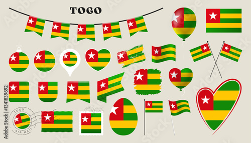 togo flag set. Various National flag collection with different shapes like heart, shield, easter egg, location, circle, postmark, grunge, square, round and rectangle vector illustration