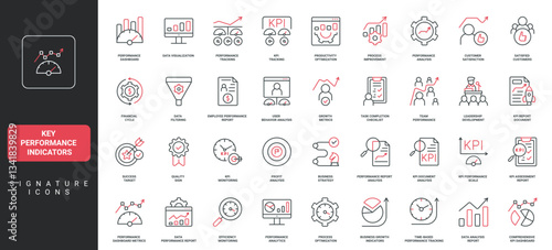 Key Performance Indicators, business development and quality metrics evaluation line icon set. Data analytics to plan and improve efficiency thin black and red outline symbols vector illustration