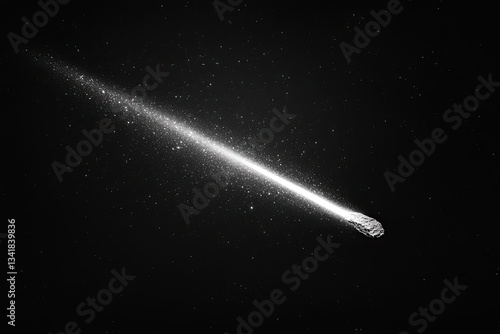 In the middle of a black background, a meteorite shines, tracing a trajectory like a comet