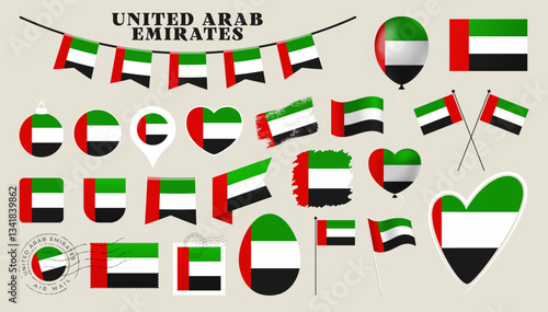 united arab emirates flag set. Various National flag collection with different shapes like heart, shield, easter egg, location, postmark, grunge, square, round and rectangle vector illustration