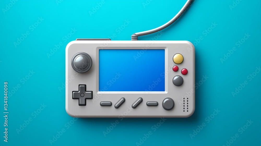 Fototapeta premium Retro Gaming Console 3D Render, Top View, Blue Background, Handheld Controller, Pixel Art gaming, console