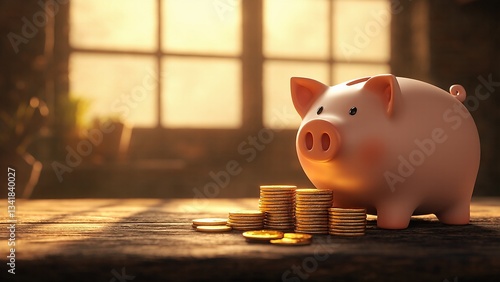 Wallpaper Mural Golden coins stack next to a pink piggy bank on a wooden surface near a sunlit window. Torontodigital.ca