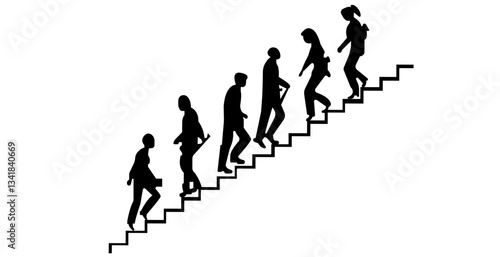 Men and women ascending and descending staircase in black costume