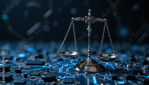 Justice scales with blue lighting for AI law and digital rights concepts