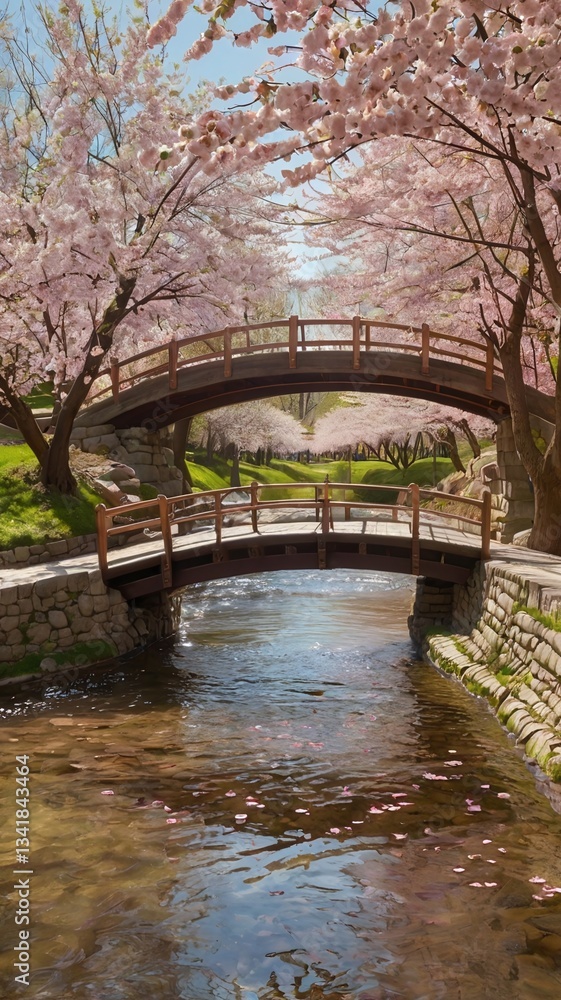 Obraz premium Cherry Blossom Park with Wooden Bridge and Stream