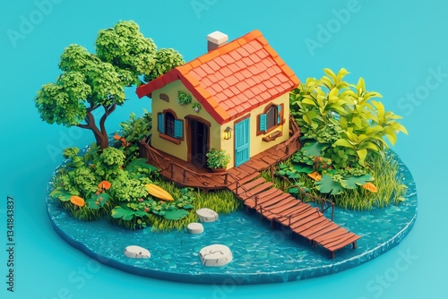 Cute, stylized, isometric, cartoon cottage on a circular island with lush greenery and a small wooden dock.