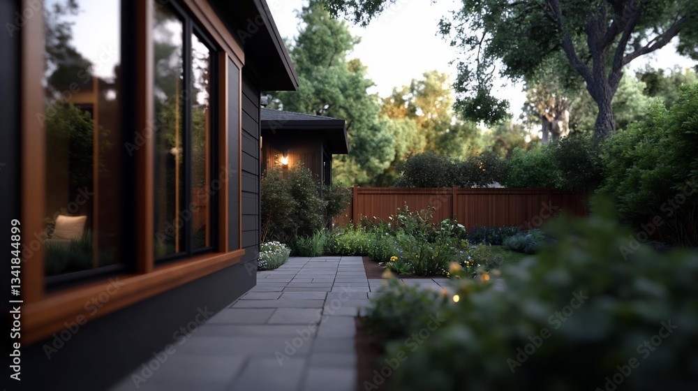 Modern Backyard Patio with Stone Pathway and Lush Greenery Modern Backyard Patio with Stone Pathway and Lush Greenery