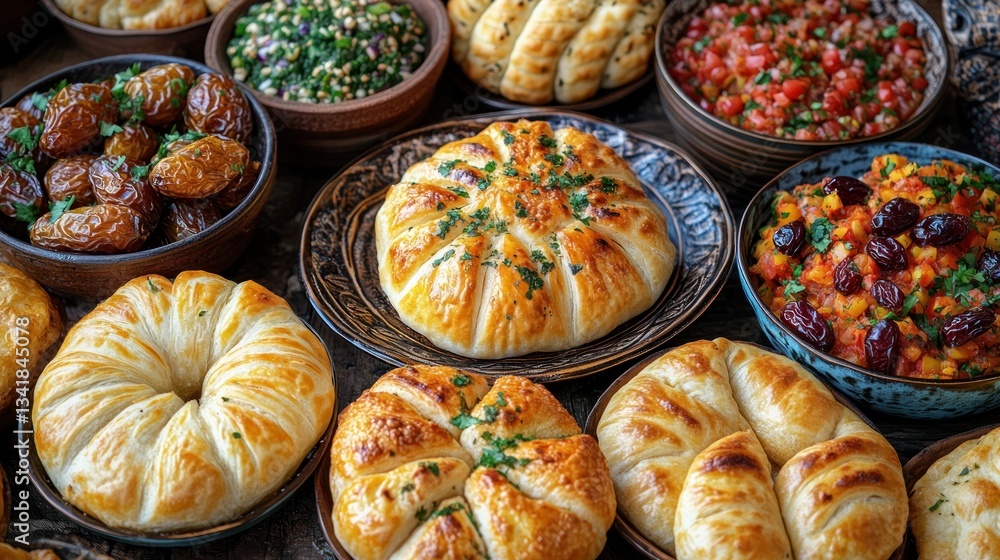Mediterranean baked goods & dips feast on rustic table Mediterranean baked goods & dips feast on rustic table