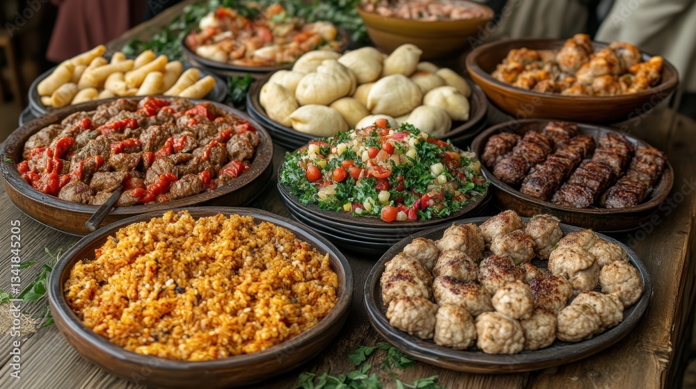 Medieval-style feast abundant dishes on rustic wooden table Medieval-style feast abundant dishes on rustic wooden table