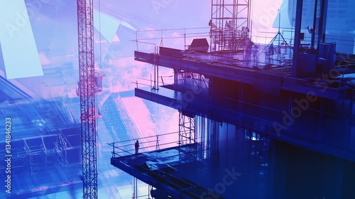 Digitally rendered construction site with double exposure and vibrant colors