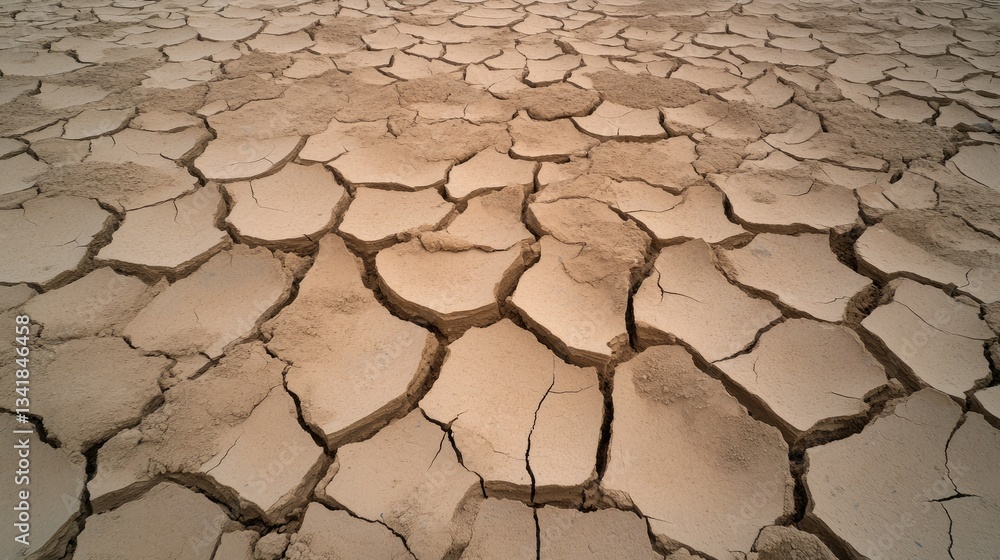 Dry and cracked soil reveals the effects of prolonged drought in an arid landscape during midday sun Dry and cracked soil reveals the effects of prolonged drought in an arid landscape during midday sun