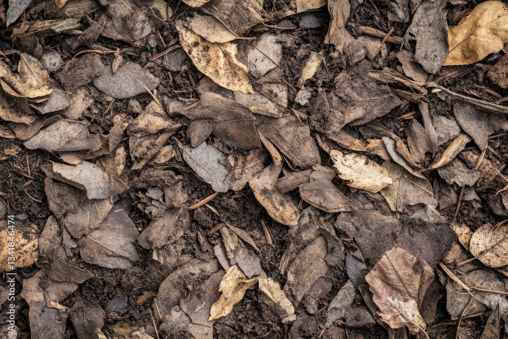 A natural woodland floor rich in decaying leaves and organic matter, acting as compost A natural woodland floor rich in decaying leaves and organic matter, acting as compost