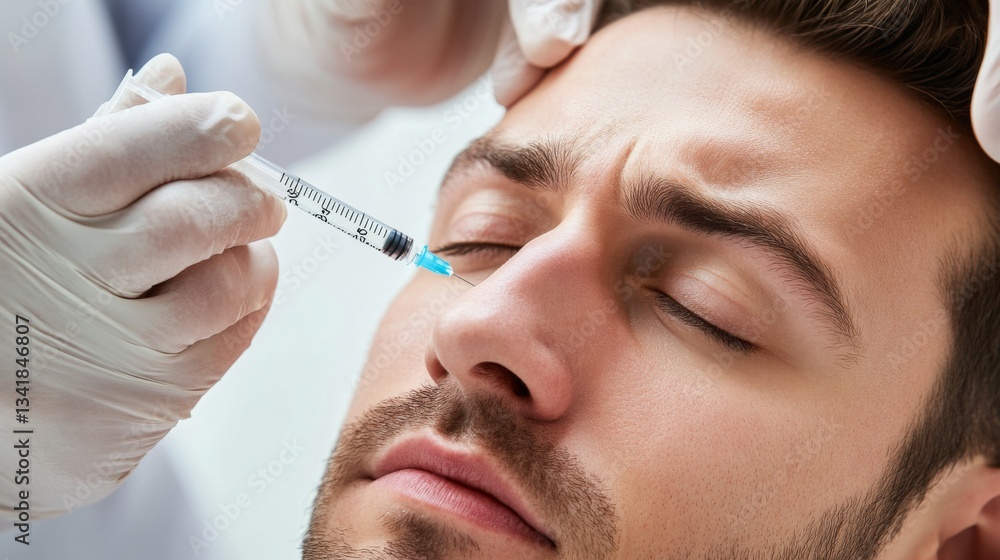 A man receiving a Botox injection for wrinkle reduction professional aesthetic procedure with a natural and refreshed look A man receiving a Botox injection for wrinkle reduction professional aesthetic procedure with a natural and refreshed look