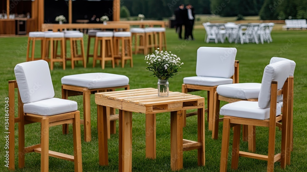 Obraz premium Outdoor event setup features cozy wooden furniture arranged in a lush green space ideal for gatherings during warm summer afternoons