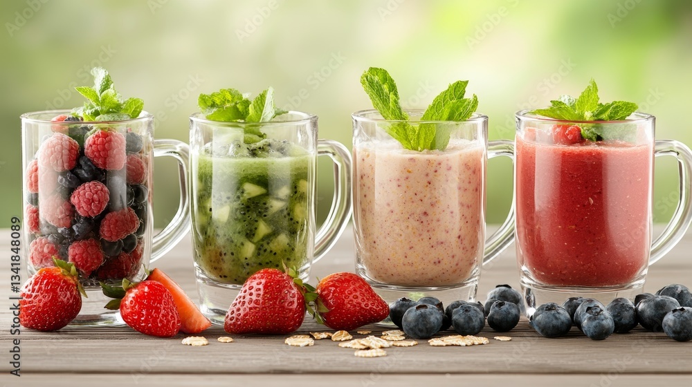 Delicious healthy smoothies waiting to be blended from fresh fruits and oats in clear glass mugs at a bright kitchen setting Delicious healthy smoothies waiting to be blended from fresh fruits and oats in clear glass mugs at a bright kitchen setting