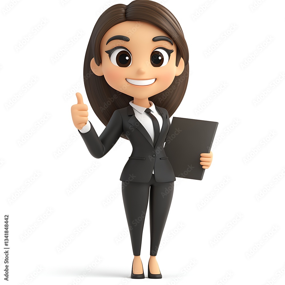 Businesswoman's Approval: A charming cartoon businesswoman in a smart suit, conveys a message of optimism and approval, holding a document, and giving a thumbs up. Businesswoman's Approval: A charming cartoon businesswoman in a smart suit, conveys a message of optimism and approval, holding a document, and giving a thumbs up.