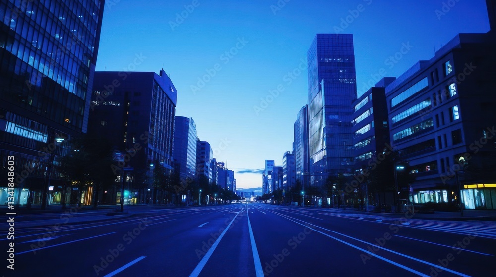 Obraz premium Empty city street at dawn, skyscrapers on both sides, tranquil blue hour scene.