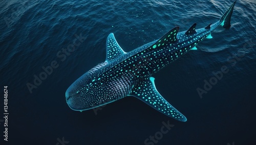 Aerial view of a majestic whale shark with a pattern of luminous spots swimming in deep blue ocean water
