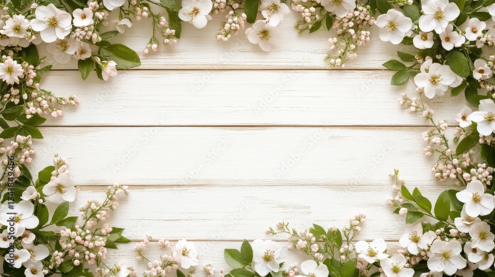Delicate white flowers and greenery arranged in a rustic frame on a wooden background highlighting the beauty of nature in spring Delicate white flowers and greenery arranged in a rustic frame on a wooden background highlighting the beauty of nature in spring