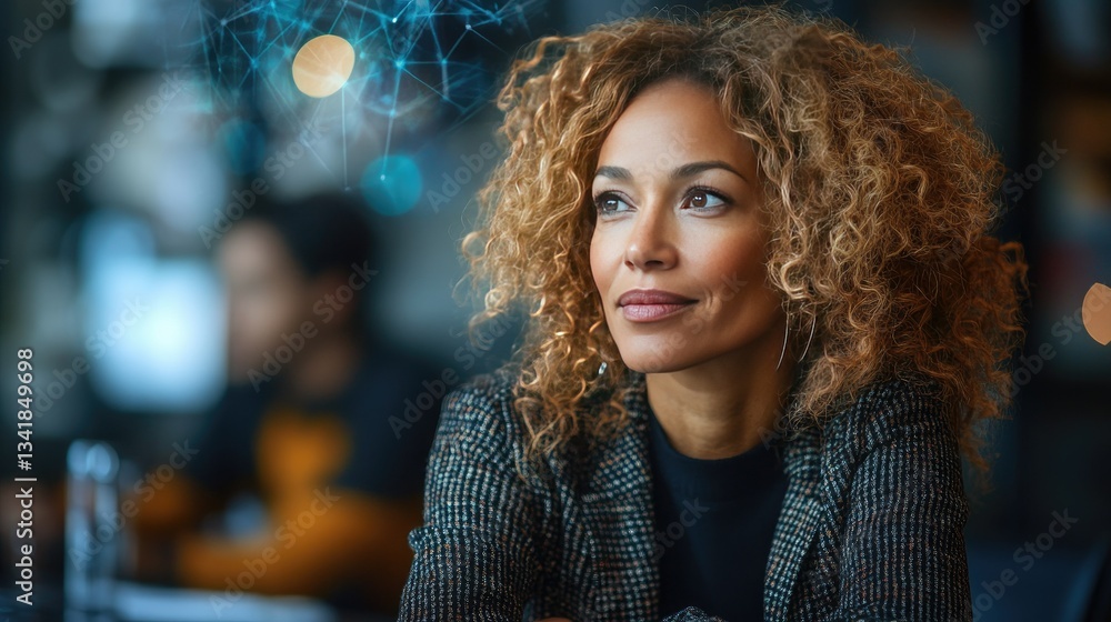 Woman contemplates future, cafe background, networking concept, business Woman contemplates future, cafe background, networking concept, business