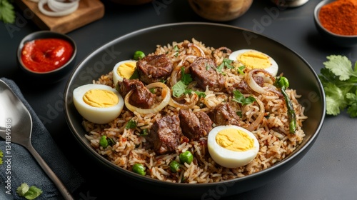 Delicious Bangladeshi biryani featuring goat meat, basmati rice, and traditional spices served with fried onions and boiled eggs