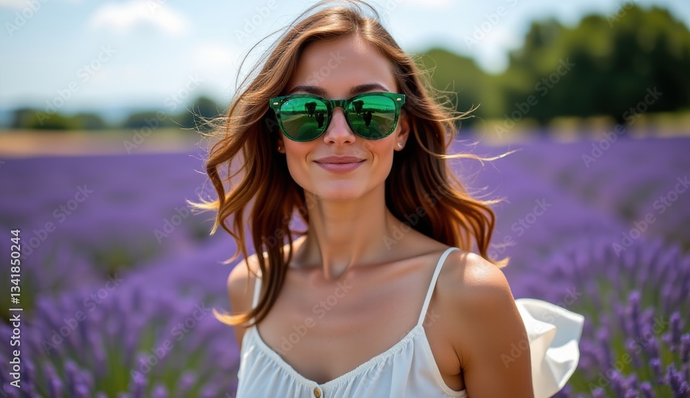Young Woman in Sunglasses Smiling in Lavender Field with Flowers Young Woman in Sunglasses Smiling in Lavender Field with Flowers