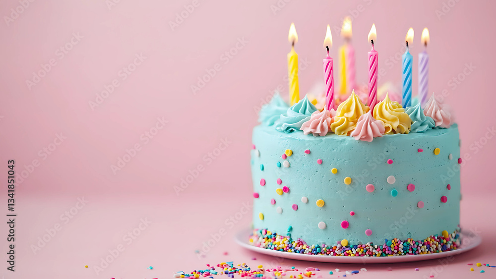 Birthday cake with colorful frosting, sprinkles, and candles on pink background
Birthday cake with colorful frosting, sprinkles, and candles on pink background