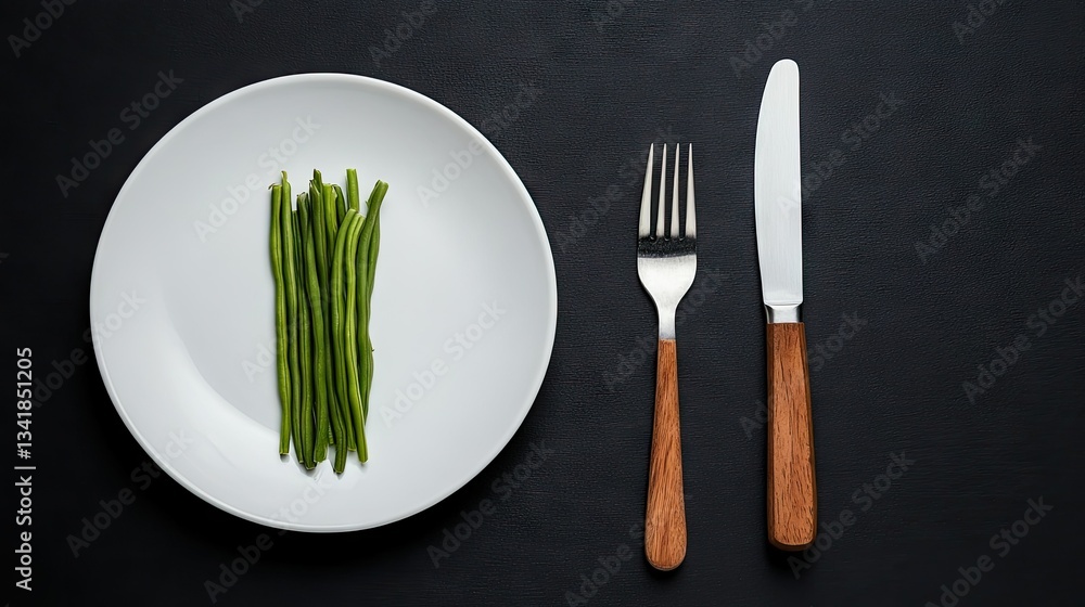 Fresh green beans neatly arranged on a white plate paired with silver cutlery on a dark table Fresh green beans neatly arranged on a white plate paired with silver cutlery on a dark table