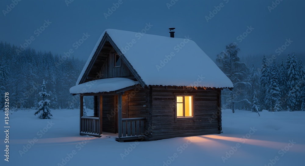 Snowy Cabin in Winter Forest with Warm Light and Blue Night Snowy Cabin in Winter Forest with Warm Light and Blue Night