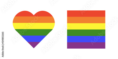 Rainbow flag background. Gay pride frames. Progress Logo symbol. LGBT icon. Stickers in rainbow colors set. Square, heart badge, button, backdrop, mockups. Minimal template design.