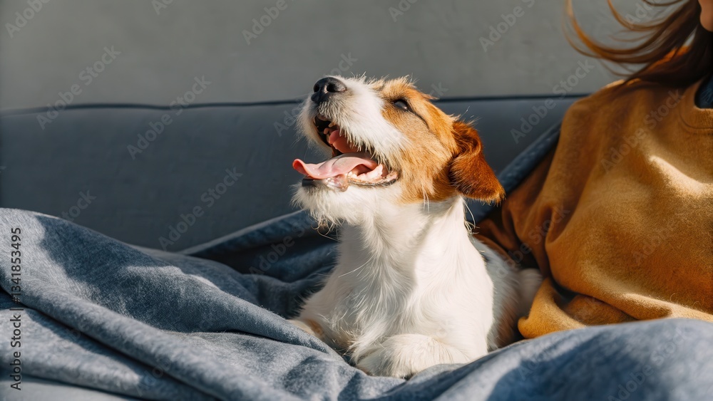 Obraz premium Puppy Love A dog relaxes on a couch, enjoying a cozy moment with its owner.
