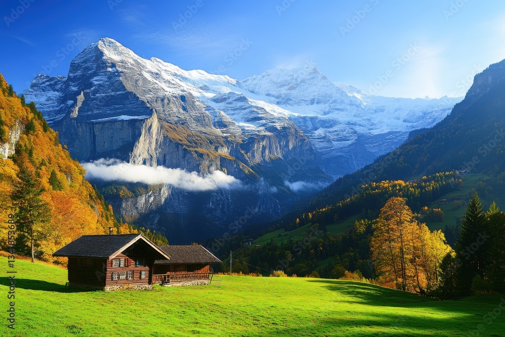 Obraz premium Majestic mountain landscape with a charming wooden cabin surrounded by vibrant fall foliage at sunrise in the Swiss Alps