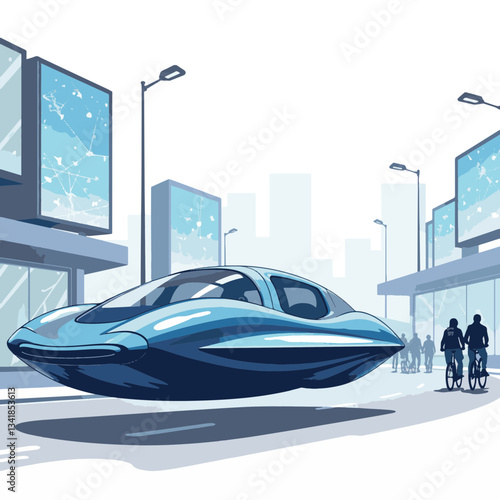 Sleek hovercar levitating on urban road, futuristic cityscape