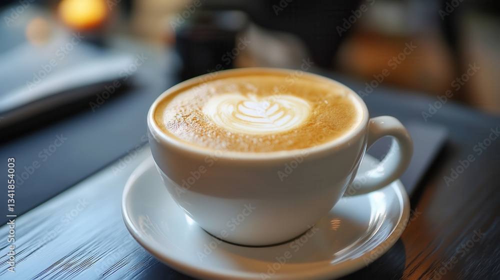Fresh Cappuccino with Latte Art in a Cozy Cafe Fresh Cappuccino with Latte Art in a Cozy Cafe