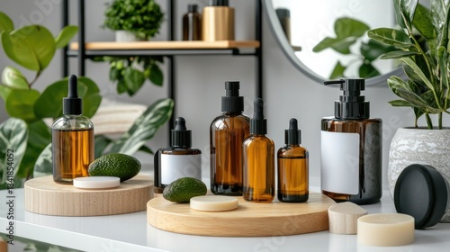 Natural skincare products displayed on wooden trays in a modern setting with greenery and elegant decor