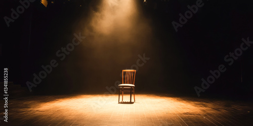 Empty wooden chair on dramatic stage with spotlight in dark theater ambiance