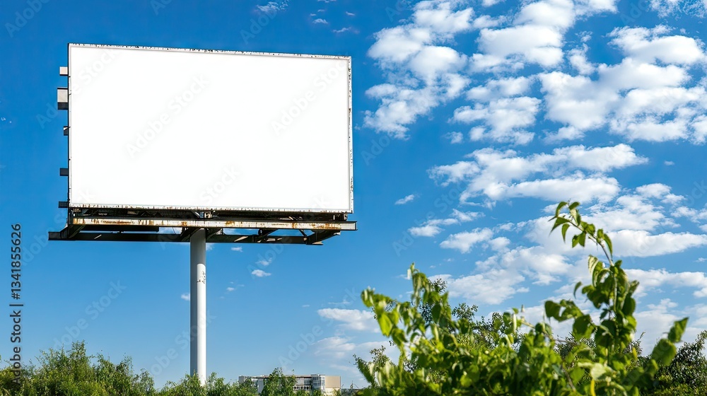 Fototapeta premium Blank billboard stands under a bright blue sky with fluffy clouds in a serene green landscape