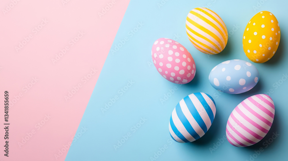 Happy Easter Collection of Colorful Striped and Polka Dot Eggs on a Dual Pastel Background Happy Easter Collection of Colorful Striped and Polka Dot Eggs on a Dual Pastel Background