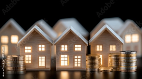 Wallpaper Mural Wooden houses illuminated with warm light surrounded by stacks of coins highlighting the concept of investment and real estate wealth Torontodigital.ca