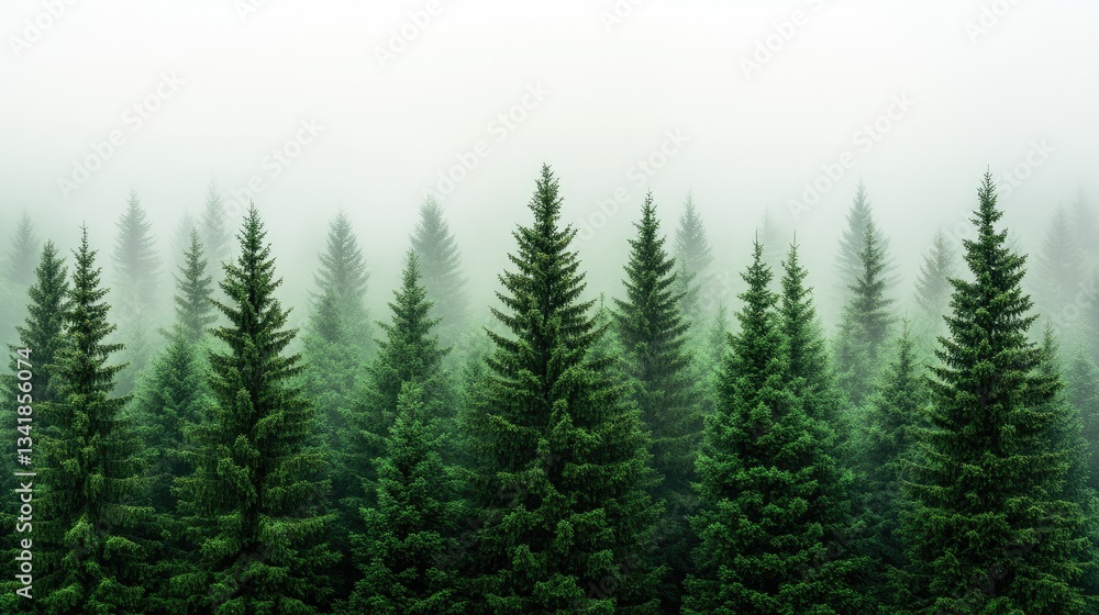 Fototapeta premium Dense evergreen forest shrouded in mist under a gray sky showcasing nature's tranquility in a remote location
