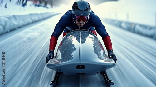 Athlete racing down a bobsled track in a winter landscape. For sports montages, action videos, winter event promotions  