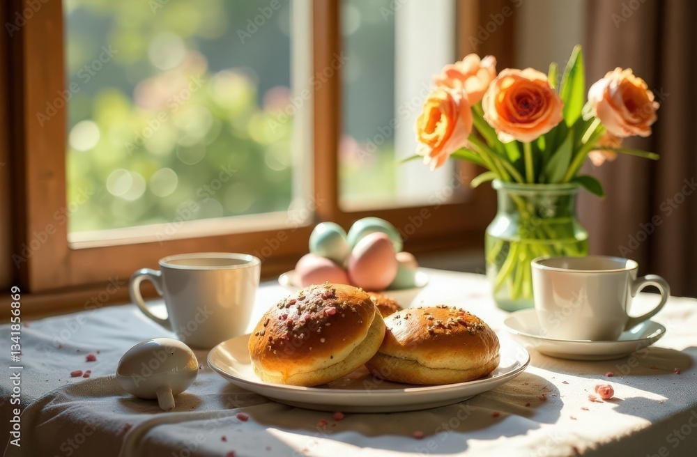 A table for Easter breakfast with hot buns, painted eggs, fresh flowers in a vase, a cup of coffee and sunlight, pouring through the window A table for Easter breakfast with hot buns, painted eggs, fresh flowers in a vase, a cup of coffee and sunlight, pouring through the window