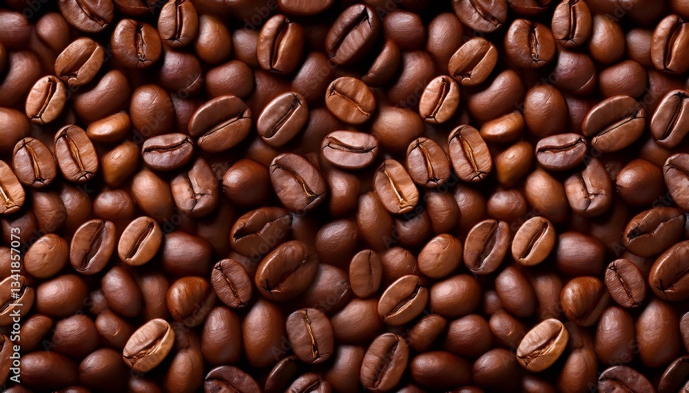 Fototapeta premium Seamless texture of roasted coffee beans creating a dark brown glossy background
