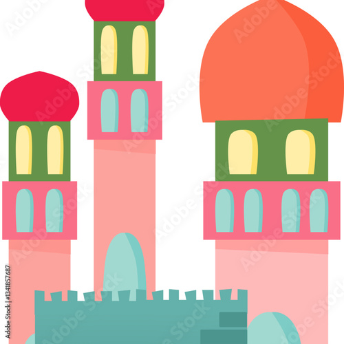 A colorful and aesthetic mosque illustration featuring traditional Islamic architecture with vibrant domes and minarets. This flat-style vector artwork is perfect for Ramadan, Eid, Islamic festivals.