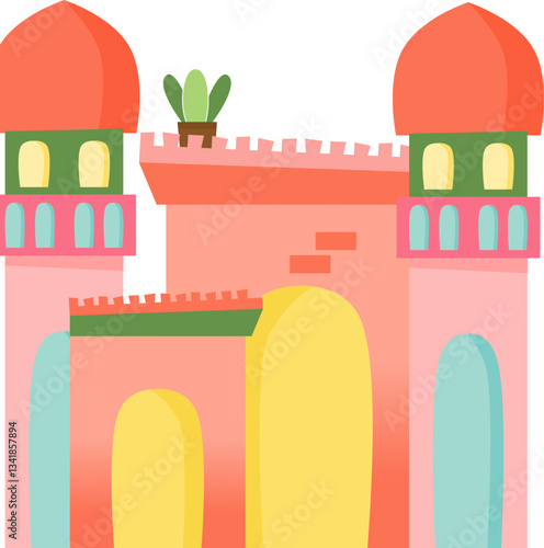 A stylized and vibrant mosque vector illustration, large golden doors, and a fortress-like structure. Mosque flat design.