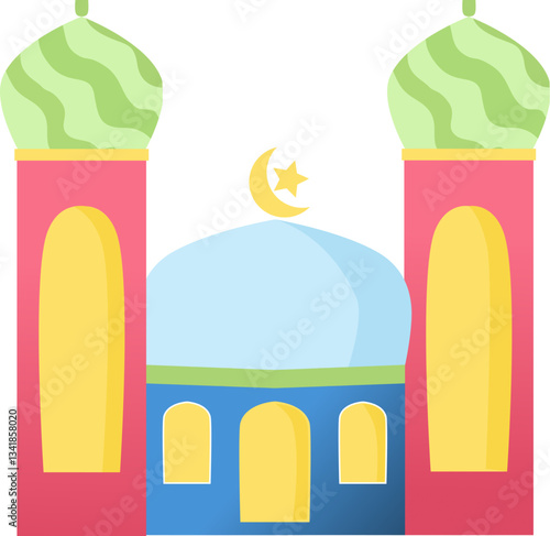 A modern and colorful flat-style vector illustration of an Islamic mosque, featuring two tall minarets, a blue dome, and a crescent moon with a star.