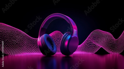 Purple headphones with abstract light on black use for tech
